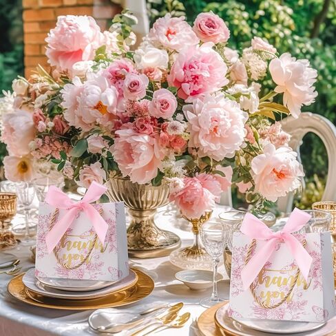Kolldenn 40 Pcs Small Thank You Floral Gift Bags 5.5''x 2.4''x 4.7'' Pink White Paper Party Favor Bag with Handle Chinoiserie Floral Bag Bulk with Ribbon for Wedding Birthday Bridal Baby Shower in Saudi Arabia