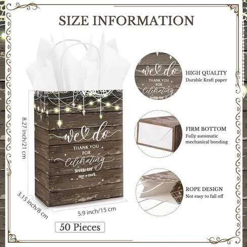 Kolldenn 50 Set Small Wedding Gift Bags with Tissue Paper Wedding Welcome Favor Paper Bags for Guests with Handles Thank You Bridal Shower Hotel Small Size 5.91 x 3.15 x 8.27 Inches in Saudi Arabia