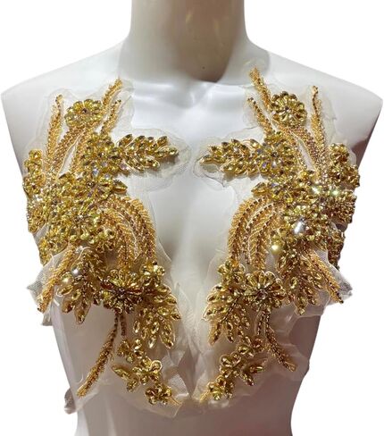 1 Pair of Handmade Rhinestone Appliques, 26.5 * 18cm Gold Applique for Dress Wedding Apparel Accessories Patches(Gold) in Saudi Arabia