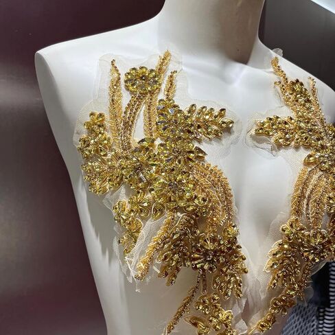 1 Pair of Handmade Rhinestone Appliques, 26.5 * 18cm Gold Applique for Dress Wedding Apparel Accessories Patches(Gold) in Saudi Arabia