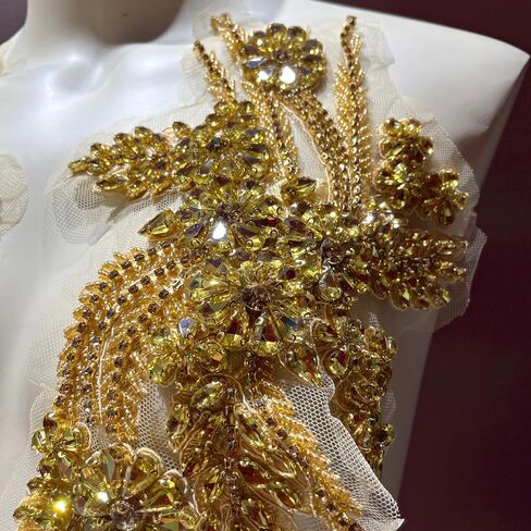 1 Pair of Handmade Rhinestone Appliques, 26.5 * 18cm Gold Applique for Dress Wedding Apparel Accessories Patches(Gold) in Saudi Arabia