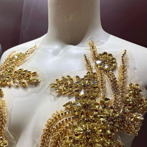 1 Pair of Handmade Rhinestone Appliques, 26.5 * 18cm Gold Applique for Dress Wedding Apparel Accessories Patches(Gold) in Saudi Arabia