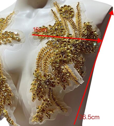 1 Pair of Handmade Rhinestone Appliques, 26.5 * 18cm Gold Applique for Dress Wedding Apparel Accessories Patches(Gold) in Saudi Arabia