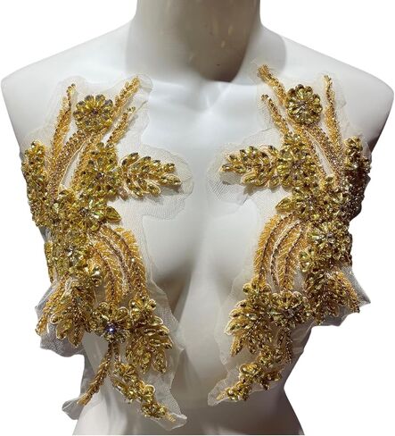 1 Pair of Handmade Rhinestone Appliques, 26.5 * 18cm Gold Applique for Dress Wedding Apparel Accessories Patches(Gold) in Saudi Arabia