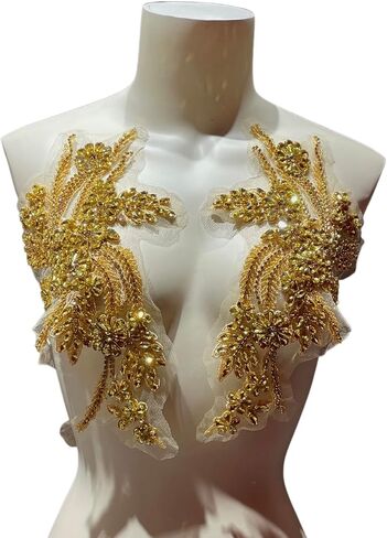 1 Pair of Handmade Rhinestone Appliques, 26.5 * 18cm Gold Applique for Dress Wedding Apparel Accessories Patches(Gold) in Saudi Arabia