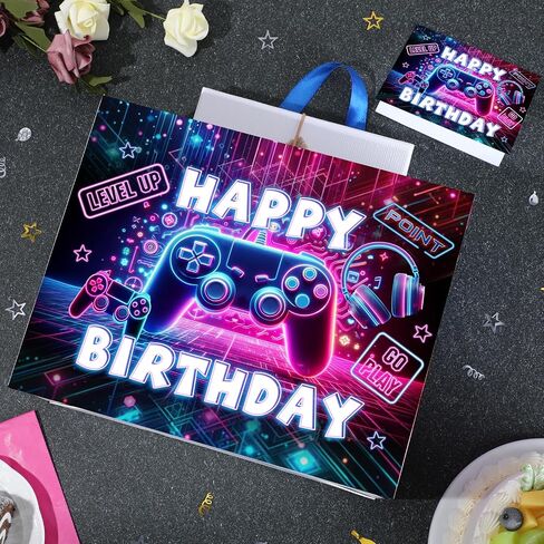Game Theme Birthday Gift Bags Video Game Gift Wrapping Paper Bag with Card and Tissue Paper Video Game Birthday Favor Bag for Boys Girls Kids Christmas Game Theme Birthday Party Decoration Supplies in Saudi Arabia