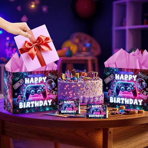 Game Theme Birthday Gift Bags Video Game Gift Wrapping Paper Bag with Card and Tissue Paper Video Game Birthday Favor Bag for Boys Girls Kids Christmas Game Theme Birthday Party Decoration Supplies in Saudi Arabia