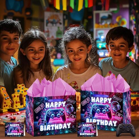 Game Theme Birthday Gift Bags Video Game Gift Wrapping Paper Bag with Card and Tissue Paper Video Game Birthday Favor Bag for Boys Girls Kids Christmas Game Theme Birthday Party Decoration Supplies in Saudi Arabia