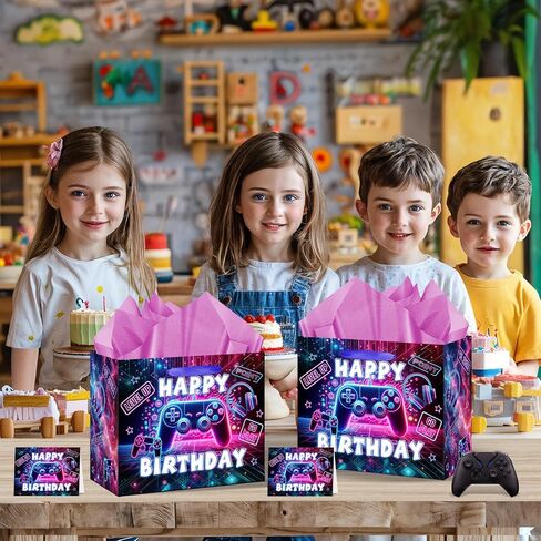 Game Theme Birthday Gift Bags Video Game Gift Wrapping Paper Bag with Card and Tissue Paper Video Game Birthday Favor Bag for Boys Girls Kids Christmas Game Theme Birthday Party Decoration Supplies in Saudi Arabia