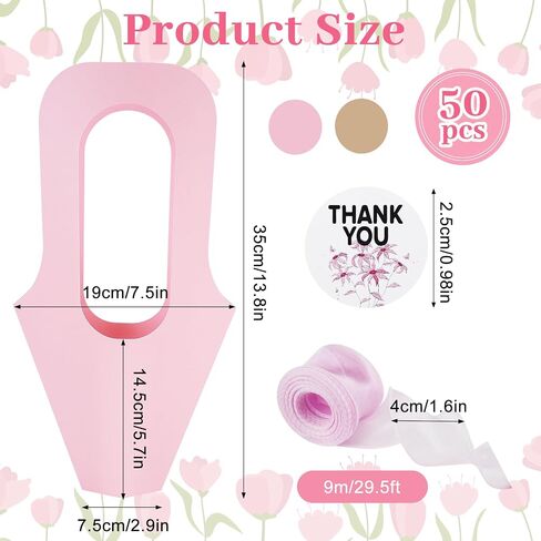 50 Pcs Kraft Paper Flowers Gift Bags with Handle, Bouquet Bags Hanging with Ribbon Sticker Rose Thorn Remover, Cone Floral Wrapping Paper Bag for Wedding Graduation Party Florist (Kraft Paper) in Saudi Arabia