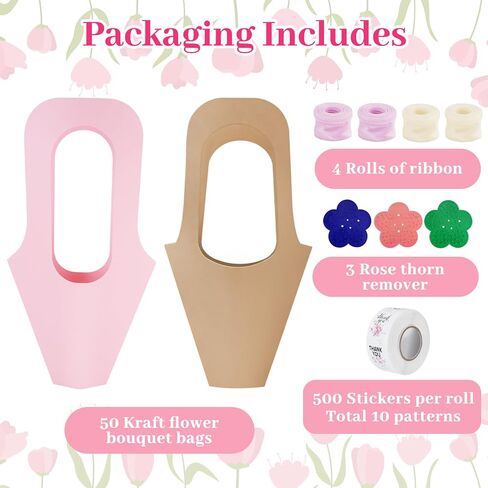 50 Pcs Kraft Paper Flowers Gift Bags with Handle, Bouquet Bags Hanging with Ribbon Sticker Rose Thorn Remover, Cone Floral Wrapping Paper Bag for Wedding Graduation Party Florist (Kraft Paper) in Saudi Arabia