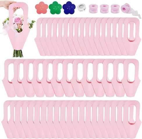 50 Pcs Kraft Paper Flowers Gift Bags with Handle, Bouquet Bags Hanging with Ribbon Sticker Rose Thorn Remover, Cone Floral Wrapping Paper Bag for Wedding Graduation Party Florist (Kraft Paper) in Saudi Arabia