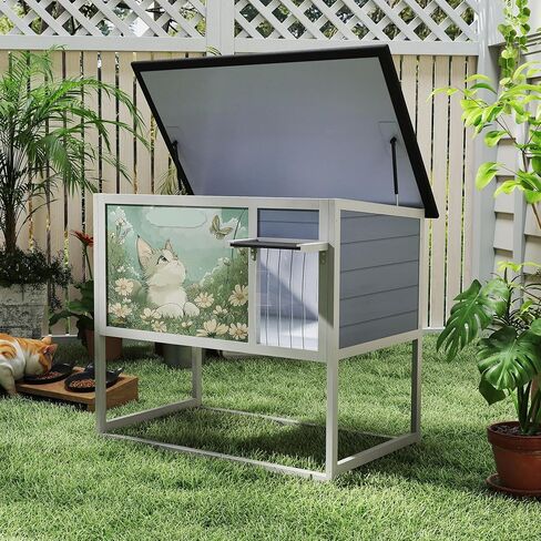Raised Outdoor Cat House, Weatherproof Cat Shelter for Outside with Insulated All-Round Foam, Feral Cat Enclosure Openable Top, PVC Curtain, Wooden Condos for Small Dogs,Rabbits in Kuwait