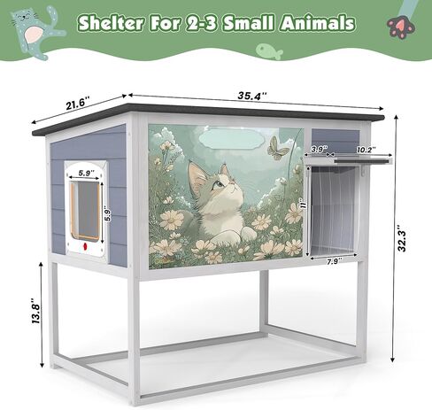 Raised Outdoor Cat House, Weatherproof Cat Shelter for Outside with Insulated All-Round Foam, Feral Cat Enclosure Openable Top, PVC Curtain, Wooden Condos for Small Dogs,Rabbits in Kuwait