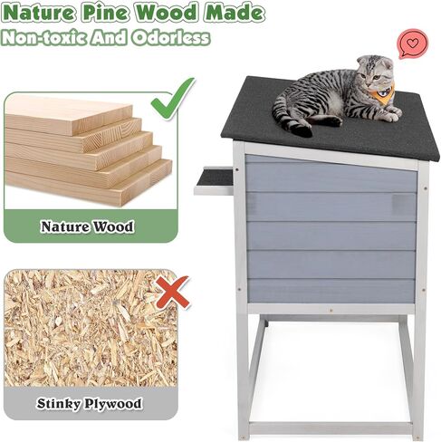 Raised Outdoor Cat House, Weatherproof Cat Shelter for Outside with Insulated All-Round Foam, Feral Cat Enclosure Openable Top, PVC Curtain, Wooden Condos for Small Dogs,Rabbits in Kuwait