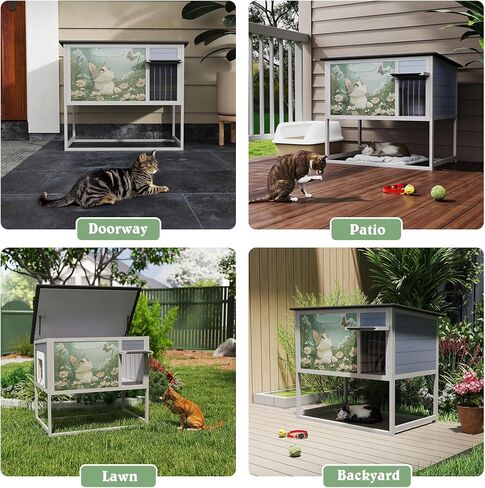 Raised Outdoor Cat House, Weatherproof Cat Shelter for Outside with Insulated All-Round Foam, Feral Cat Enclosure Openable Top, PVC Curtain, Wooden Condos for Small Dogs,Rabbits in Kuwait