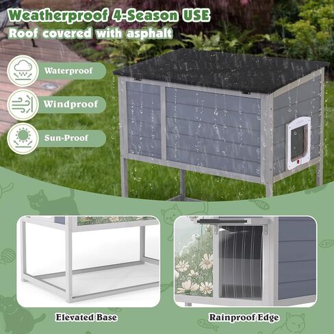 Raised Outdoor Cat House, Weatherproof Cat Shelter for Outside with Insulated All-Round Foam, Feral Cat Enclosure Openable Top, PVC Curtain, Wooden Condos for Small Dogs,Rabbits in Kuwait