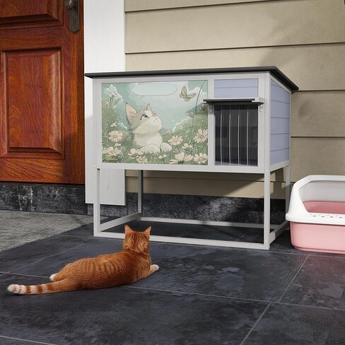 Raised Outdoor Cat House, Weatherproof Cat Shelter for Outside with Insulated All-Round Foam, Feral Cat Enclosure Openable Top, PVC Curtain, Wooden Condos for Small Dogs,Rabbits in Kuwait