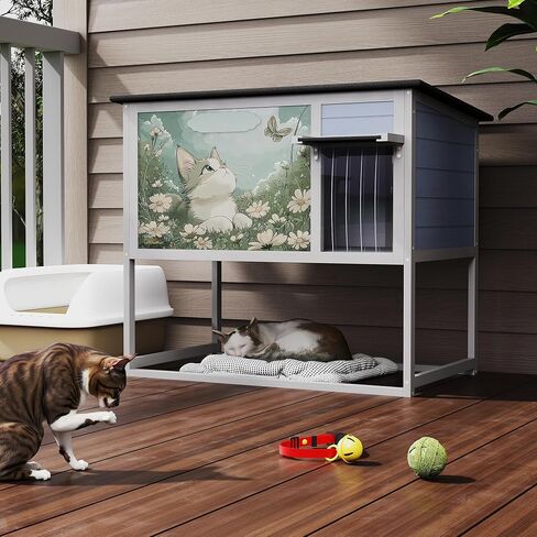 Raised Outdoor Cat House, Weatherproof Cat Shelter for Outside with Insulated All-Round Foam, Feral Cat Enclosure Openable Top, PVC Curtain, Wooden Condos for Small Dogs,Rabbits in Kuwait