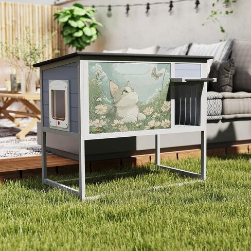 Raised Outdoor Cat House, Weatherproof Cat Shelter for Outside with Insulated All-Round Foam, Feral Cat Enclosure Openable Top, PVC Curtain, Wooden Condos for Small Dogs,Rabbits in Kuwait