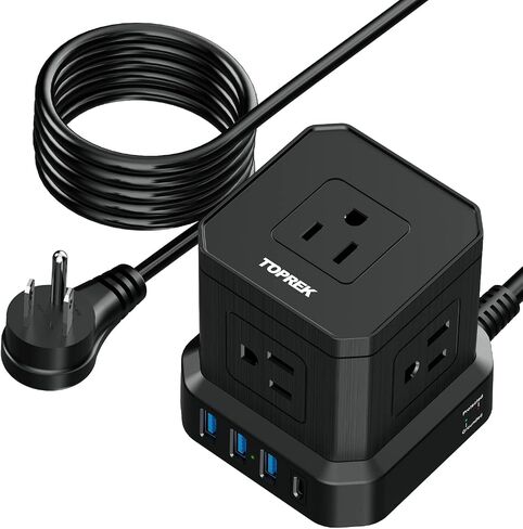 Power Strip with USB, TOPREK Power Strip Tower with 9 AC, 1 USB-C, 3 USB-A, Convertible Outlet Extender & Desk Charging Block with 6.5 FT Flat Plug Extension Cord for Home Office, Kitchen 1625W/13A in Kuwait