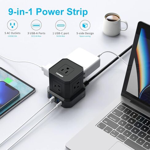 Power Strip with USB, TOPREK Power Strip Tower with 9 AC, 1 USB-C, 3 USB-A, Convertible Outlet Extender & Desk Charging Block with 6.5 FT Flat Plug Extension Cord for Home Office, Kitchen 1625W/13A in Kuwait