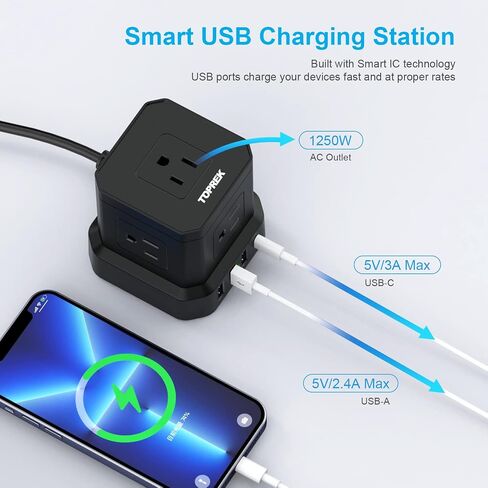Power Strip with USB, TOPREK Power Strip Tower with 9 AC, 1 USB-C, 3 USB-A, Convertible Outlet Extender & Desk Charging Block with 6.5 FT Flat Plug Extension Cord for Home Office, Kitchen 1625W/13A in Kuwait