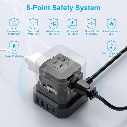 Power Strip with USB, TOPREK Power Strip Tower with 9 AC, 1 USB-C, 3 USB-A, Convertible Outlet Extender & Desk Charging Block with 6.5 FT Flat Plug Extension Cord for Home Office, Kitchen 1625W/13A in Kuwait