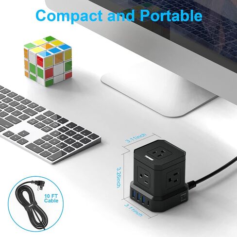 Power Strip with USB, TOPREK Power Strip Tower with 9 AC, 1 USB-C, 3 USB-A, Convertible Outlet Extender & Desk Charging Block with 6.5 FT Flat Plug Extension Cord for Home Office, Kitchen 1625W/13A in Kuwait