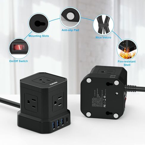 Power Strip with USB, TOPREK Power Strip Tower with 9 AC, 1 USB-C, 3 USB-A, Convertible Outlet Extender & Desk Charging Block with 6.5 FT Flat Plug Extension Cord for Home Office, Kitchen 1625W/13A in Kuwait