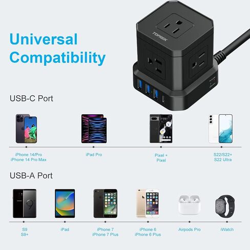 Power Strip with USB, TOPREK Power Strip Tower with 9 AC, 1 USB-C, 3 USB-A, Convertible Outlet Extender & Desk Charging Block with 6.5 FT Flat Plug Extension Cord for Home Office, Kitchen 1625W/13A in Kuwait