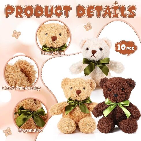 Hydren 12 pcs 10 بوصة دب محشو بالحيوانات الناعمة الدببة ذات الجزء الأكبر مع القوس الشريط لعيد ميلاد الطفل التخرج حفل زفاف (بني فاتح) in Saudi Arabia