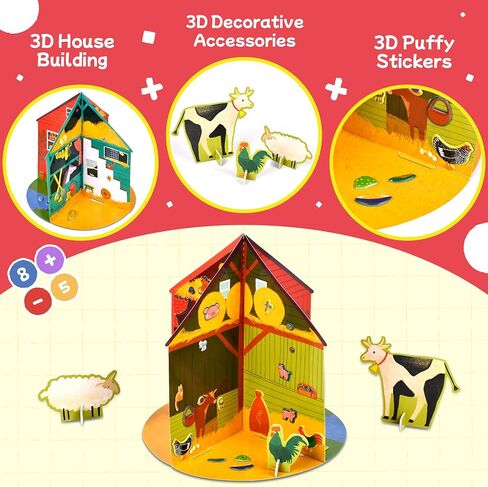 Puffy Sticker 3D House for Kids, 4 DIY Room Scenes, Cute Animals Farm Themed Travel Sticker Set for Toddlers, Great Gifts for Boys and Girls in Saudi Arabia