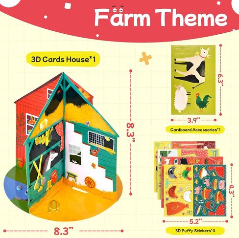 Puffy Sticker 3D House for Kids, 4 DIY Room Scenes, Cute Animals Farm Themed Travel Sticker Set for Toddlers, Great Gifts for Boys and Girls in Saudi Arabia