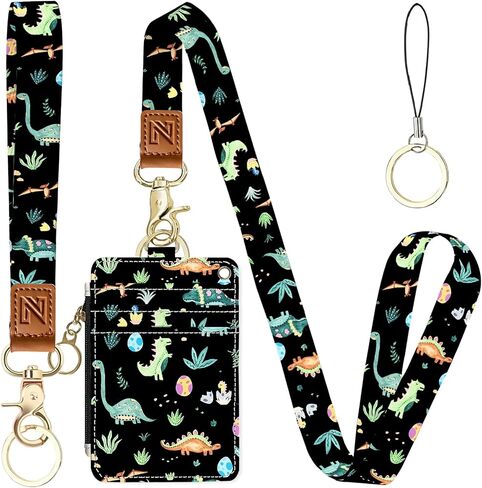Cute Dinosaur 2-in-1 ID Badge Holder & Lanyard Wallet for Teachers,Nurse,Professionals-Cute Zippered Coin Pouch,Removable Wristlet & Neck Lanyard,5 Card Slots Stylish Work Essential in Saudi Arabia