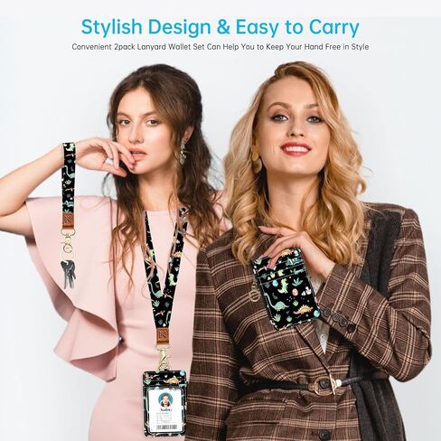 Cute Dinosaur 2-in-1 ID Badge Holder & Lanyard Wallet for Teachers,Nurse,Professionals-Cute Zippered Coin Pouch,Removable Wristlet & Neck Lanyard,5 Card Slots Stylish Work Essential in Saudi Arabia