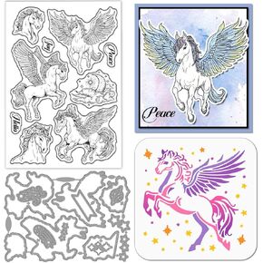 GLOBLELAND Wings Pegasus Clear Silicone Stamp Metal Flying Horse Cutting Die Cuts Magic Animals Paint Craft Stencils for Card Making Scrapbooking Craft DIY Embossing