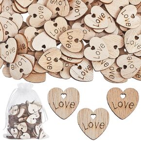 200 مساءً قلوب خشبية مع كلمة Love Wood Heart Tokens و 3pcs أكياس أورجانية بيضاء