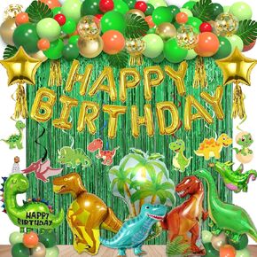 125pcs Dinosaur Birthday Party Decorations, Dinosaur Balloons Arch Garland Kit with Fringe Curtain, Balloons for Party Baby Shower Decorations for Boy Kids