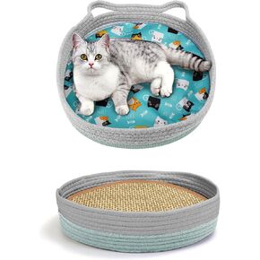 Round Cat Bed for Indoor Cats, Cat Basket Bed, Cat Donut Beds with Scratching Pad, Cat Nest for Cozy Sleeping, Washable Pet Pad for Cat Scratching