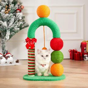 Christmas Candy Cane Cat Scratching Post, Festive Natural Sisal Design, Cat Posts for Cats and Kittens, Easy Assembly, Includes Free Christmas Card & Dangling Sisal Ball