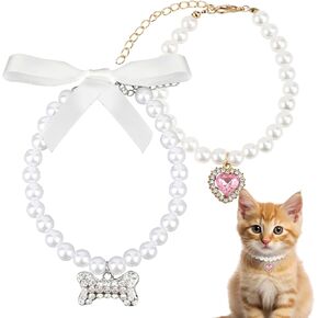 2PCS Cat Dog Pearl Collar ، صغير هريرة جرو لؤلؤة لؤلؤة قلادة الزفاف قابلة للتعديل لطيف الحيوانات الأليفة قلادة القلب قلب العظم الحجارة المجوهر