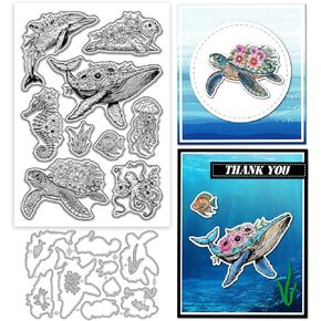GLOBLELAND Summer Ocean Clear Stamps and Metal Die Cuts Sea Animals Flowers Transparent Stamp Whale Sea Turtle Cutting Dies for Card Making Embossing Scrapbooking