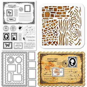 GLOBLELAND Vintage Postcards Clear Stamps Metal Rectangle Frame Die Cuts Layering PET Paint Craft Stencils for Card Making DIY Embossing Scrapbooking Craft