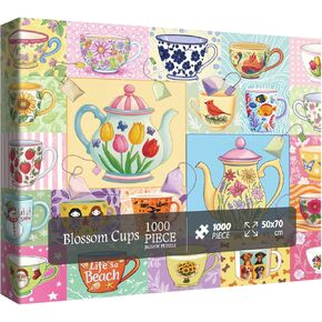 Colorful Collage Cups Puzzles for Adults 1000 Pieces, Rainbow Flower Fun Art Jigsaw Puzzles, Beautiful Floral Bird Butterfly Dog Fantasy Pretty Puzzle