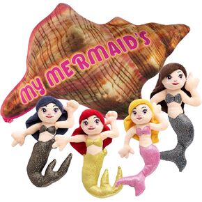 أفخم يتحدث مجموعة لعبة Mermaids الخاصة بي | يشمل 4 ناعمة ومحبوبة حوريات البحر | مع حاملة على شكل قذيفة الفخمة | هدية رائعة للطفل/الفتيات أو الأولاد