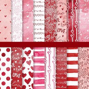 JarThenaAMCS 32 Sheets Valentine Pattern Paper Watercolor Pink Love Heart Scrapbook Specialty Paper Double Sided Decorative Art Paper for DIY Crafts, 6 x 6 Inch
