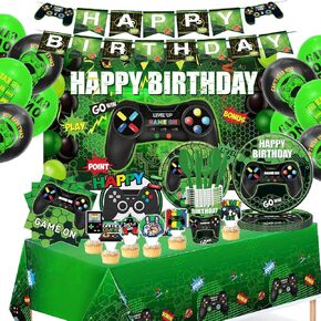 Video Game Themed Party Decorations, Gamer Birthday Party Decorations Set-Background cloth Plates Napkins Tablecloth Banners Cake card etc for 10 Guests Kids Birthday (Green)