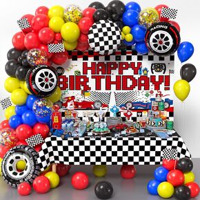 126 Race Car Birthday Party Decorations Wheels Racecar Supplies Boy Red Black Themed Racing Balloons Arch Garland Kit Checkered Flag Backdrop Tablecloth Kids Cars Birthday Decorations Decor