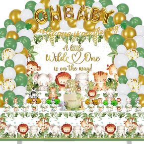 Safari Jungle Baby Shower Decorations ، 150 pcs A Wild One On the Way Party Supplies Decor for Boy Girl Showers with Banners Cupcakes Backdrop Backdrop Mincloth Centercsions